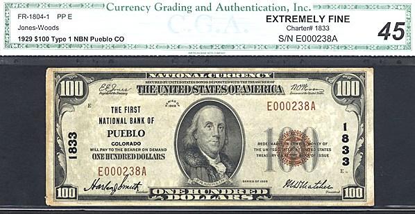 image for: Fr.1804-1 1929 $100  CGA XF45 #1833 Colorado [E000238A]