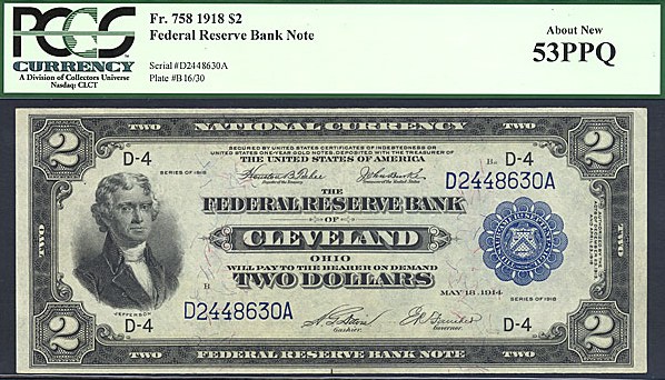 image for: Fr.758 1918 $2 Cleveland, Battleship PCGS AU53 PPQ [D2448630A]