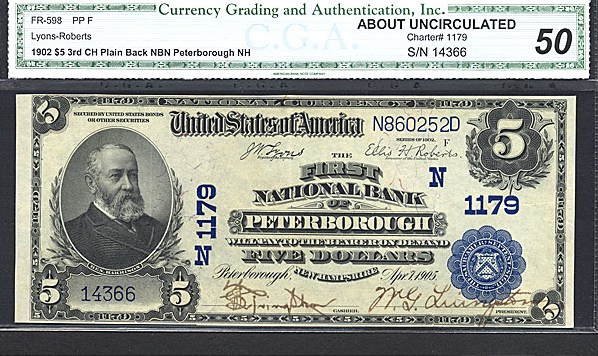 image for: Fr.598 1902 $5 Third Charter Period, 3rd Issue, Plain Back CGA AU50 #1179 New Hampshire [14366]
