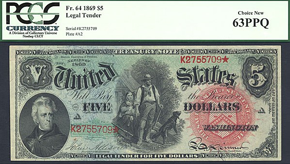 image for: Fr.64 1869 $5 Woodchopper PCGS Choice CU63 PPQ [K2755709]