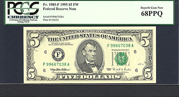 image for: Fr.1985F 1995 $5 Fort Worth, TX PCGS Gem CU68 PPQ [F99667038A]