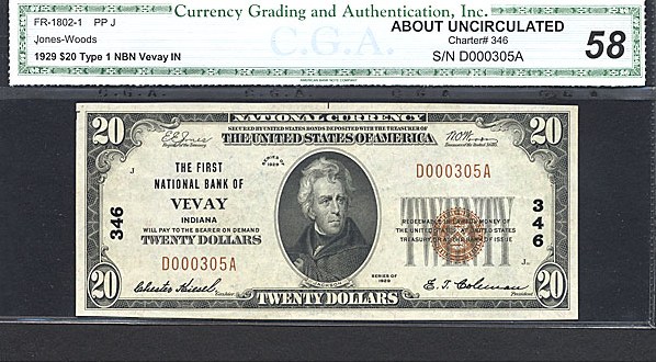 image for: Fr.1802-1 1929 $20  CGA AU58 #346 Indiana [D000305A]