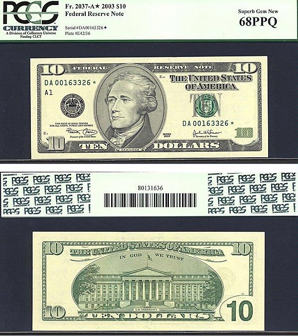image for: Fr.2037A 2003 $10 Washington, DC PCGS Gem CU68 PPQ [DA00163326] *Star* 