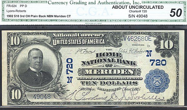 image for: Fr.624 1902 $10 Third Charter Period, 3rd Issue, Plain Back CGA AU50 #720 Connecticut [49048]