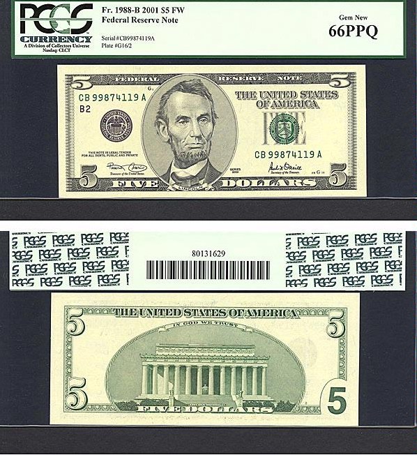 image for: Fr.1988B 2001 $5 Ft. Worth, TX PCGS Gem CU66 PPQ [CB99874119A]