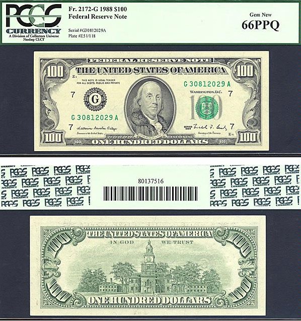 image for: Fr.2172G 1988 $100  PCGS Gem CU66 PPQ [G30812029A]