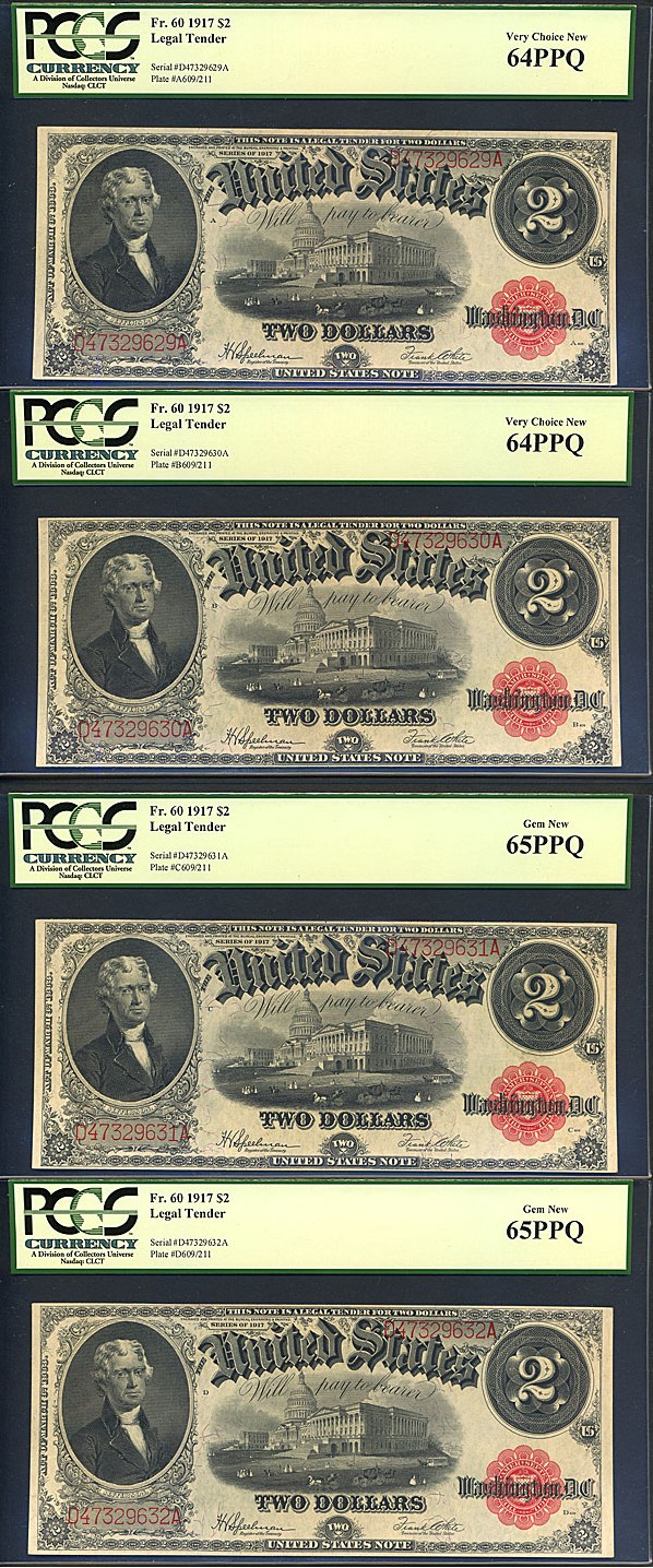 image for: Fr.60 1917 $2 Bracelet Reverse PCGS Choice CU64/65 PPQ  [D47329629-32A] *Cut Sheet - 4 Notes*