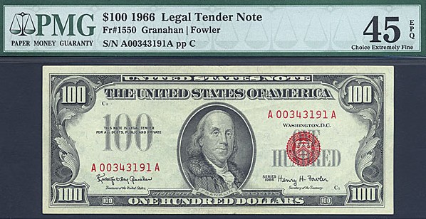 image for: Fr.1550 1966 $100 Red Seal PMG XF45 EPQ  [A00343191A]