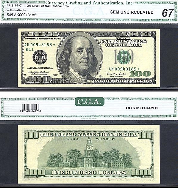 image for: Fr.2175K 1996 $100  CGA Gem CU67  [AK00943185] *Star* 