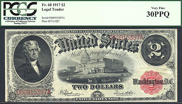 image for: Fr.60 1917 $2 Bracelet Reverse PCGS VF30 PPQ  [D60915397A]