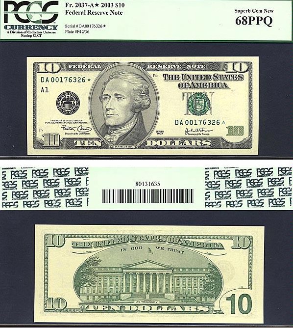 image for: Fr.2037A 2003 $10 Washington, DC PCGS Gem CU68 PPQ [DA00176326] *Star* 