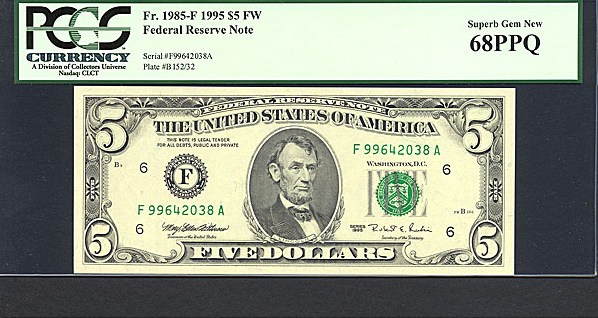 image for: Fr.1985F 1995 $5 Fort Worth, TX PCGS Gem CU68 PPQ [F99642038A]