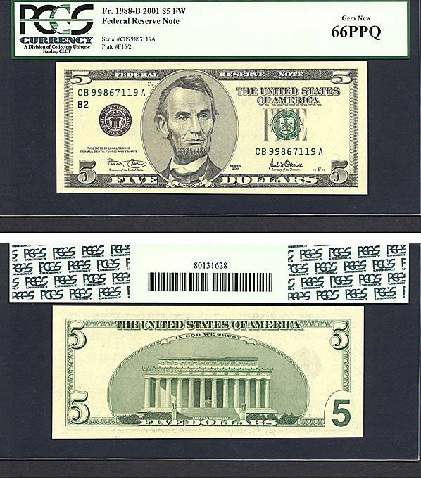 image for: Fr.1988B 2001 $5 Ft. Worth, TX PCGS Gem CU66 PPQ [CB99867119A]