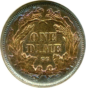 image for: 1875-CC 10c Mintmark Above Bow AU Details ANACS Net XF40 (Cleaned-Retoned)