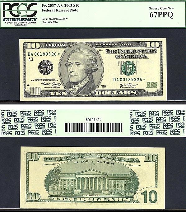 image for: Fr.2037A 2003 $10 Washington, DC PCGS Gem CU67 PPQ [DA00189326] *Star* 