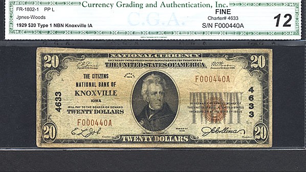 image for: Fr.1802-1 1929 $20  CGA F12 #4633 Iowa [F000440A]