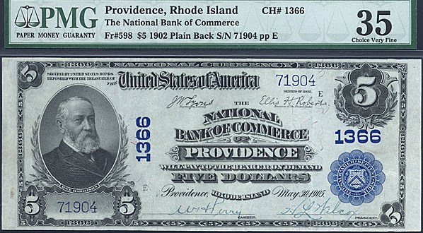 image for: Fr.598 1902 $5 Third Charter Period, 3rd Issue, Plain Back PMG VF35 #1366 Rhode Island [71904]
