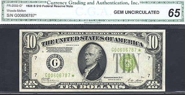 image for: Fr.2002G 1928B $10  CGA Gem CU65  [G00606787] *Star* 