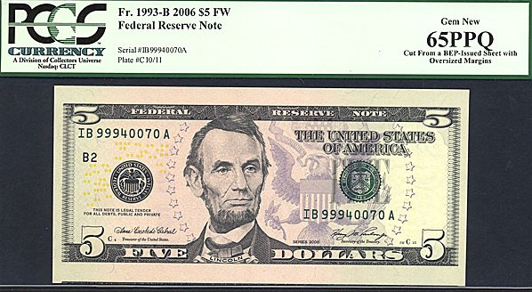 image for: Fr.1993B 2006 $5 Fort Worth, TX PCGS Gem CU65 PPQ [IB99940070A] *Oversized Margins*