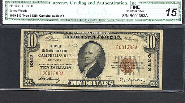 image for: Fr.1801-1 1929 $10 Type 1 CGA F15 #6342 Kentucky [B001383A]