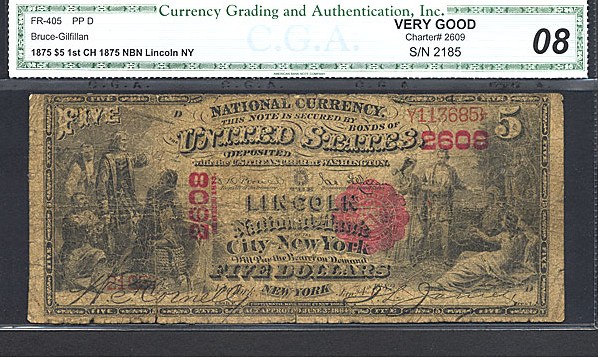 image for: Fr.405 1875 $5 1st Charter Period CGA VG8 #2608 New York [2185]