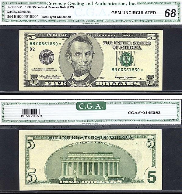 image for: Fr.1987B 1999 $5 Fort Worth, TX CGA Gem CU68  [BB00661850] *Star* 