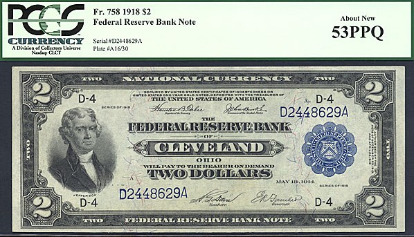 image for: Fr.758 1918 $2 Cleveland, Battleship  PCGS AU53 PPQ [D2448629A]