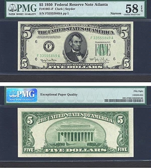 image for: 1950 $5 PMG AU58 EPQ (Fr.1961F)