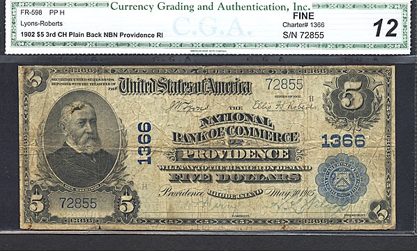 image for: Fr.598 1902 $5 Third Charter Period, 3rd Issue, Plain Back CGA F12 #1366 Rhode Island [72855]