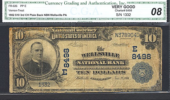 image for: Fr.626 1902 $10 Third Charter Period, 3rd Issue, Plain Back CGA VG8 #8498 Pennsylvania [1332]