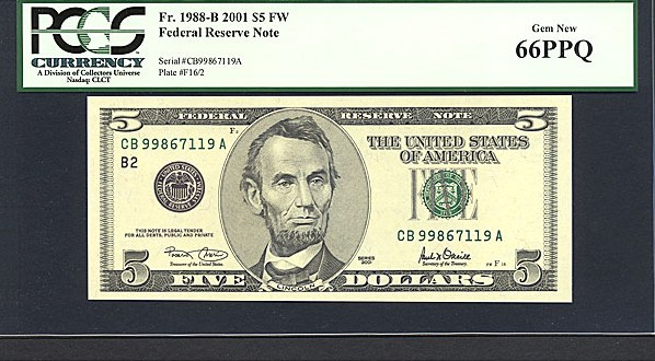 image for: Fr.1988B 2001 $5 Ft. Worth, TX PCGS Gem CU66 PPQ [CB99867119A]