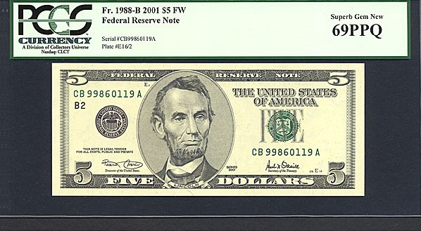 image for: Fr.1988B 2001 $5 Ft. Worth, TX PCGS Gem CU69 PPQ [CB99860119A]