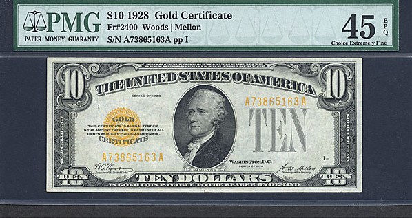 image for: Fr.2400 1928 $10 Gold Seal and Serial Numbers PMG XF45  [A73865163A]