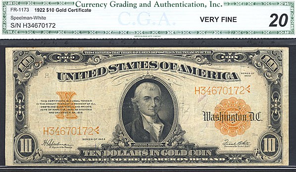 image for: Fr.1173 1922 $10  CGA VF20  [H34670172]