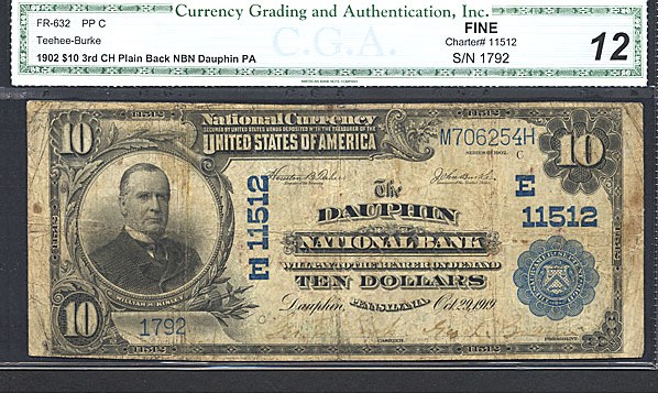 image for: Fr.632 1902 $10 Third Charter Period, 3rd Issue, Plain Back CGA F12 #11512 Pennsylvania [1792]