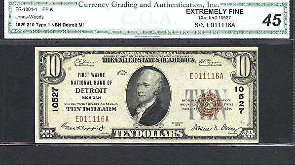 image for: Fr.1801-1 1929 $10 Type 1 CGA XF45 #10527 Michigan [E011116A]