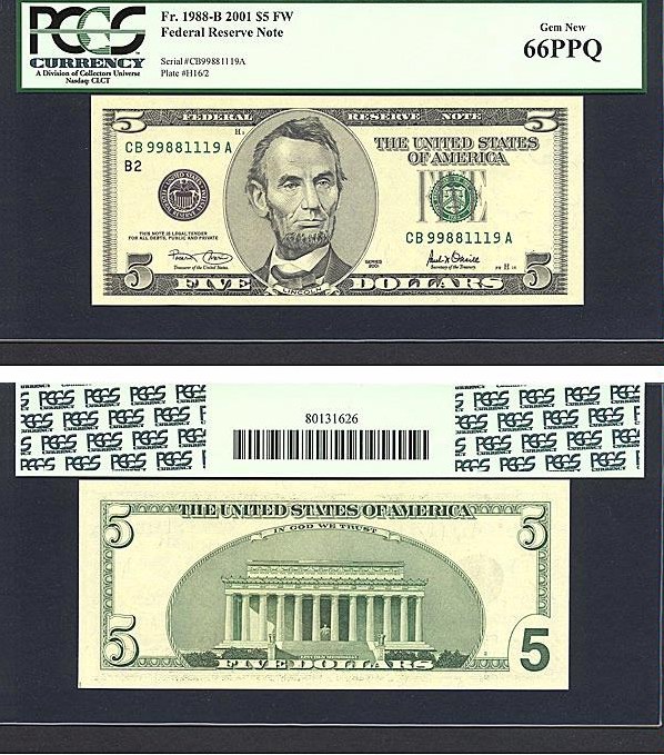 image for: Fr.1988B 2001 $5 Ft. Worth, TX PCGS Gem CU66 PPQ [CB99881119A]
