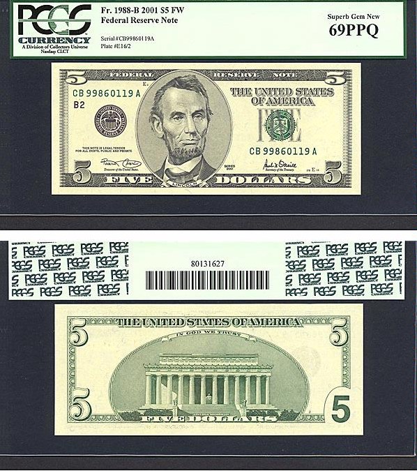 image for: Fr.1988B 2001 $5 Ft. Worth, TX PCGS Gem CU69 PPQ [CB99860119A]