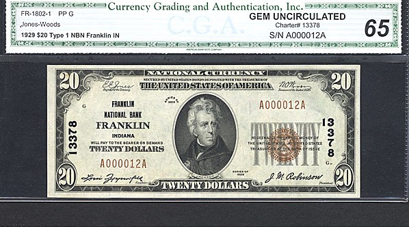 image for: Fr.1802-1 1929 $20  CGA Gem CU65 #13378 Indiana [A000012A]