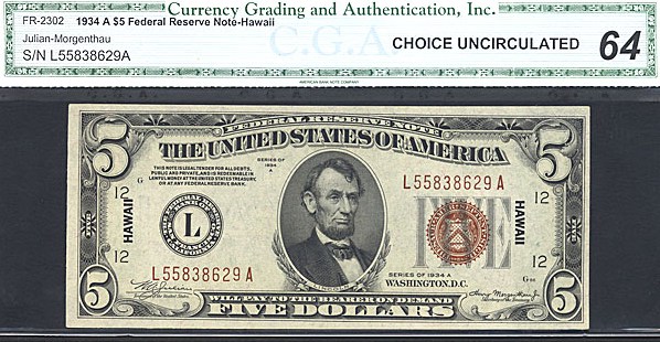 image for: Fr.2302 1934A $5 Hawaiian CGA Choice CU64  [L55838629A]