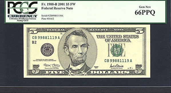 image for: Fr.1988B 2001 $5 Ft. Worth, TX PCGS Gem CU66 PPQ [CB99881119A]