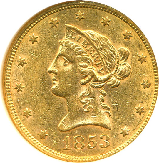 image for: 1853 $10  NGC AU55 