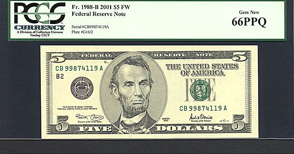 image for: Fr.1988B 2001 $5 Ft. Worth, TX PCGS Gem CU66 PPQ [CB99874119A]