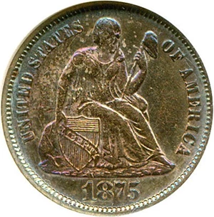 image for: 1875-CC 10c Mintmark Above Bow AU Details ANACS Net XF40 (Cleaned-Retoned)