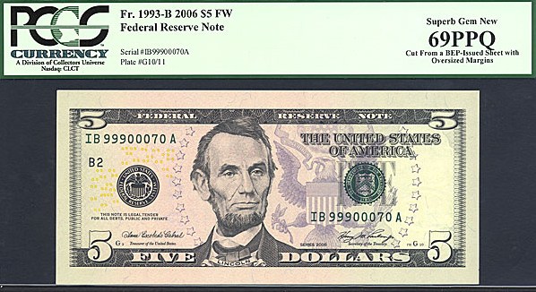 image for: Fr.1993B 2006 $5 Fort Worth, TX PCGS Gem CU69 PPQ [IB99900070A] *Oversized Margins*