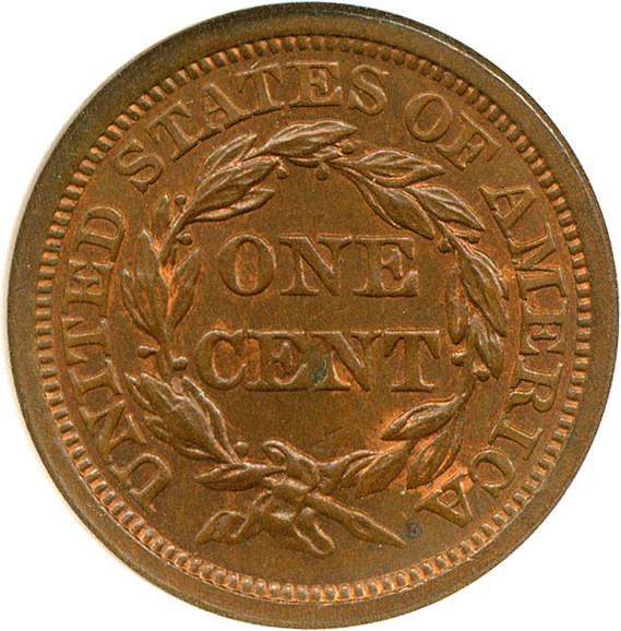 image for: 1855 1c Slanted 55 NGC MS63 BN