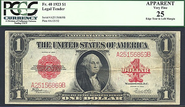 image for: Fr.40 1923 $1  PCGS Apparent VF25  [A25156869B] (Edge Tear in Left Margin)