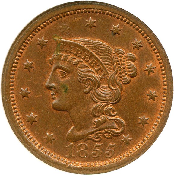 image for: 1855 1c Slanted 55 NGC MS63 BN