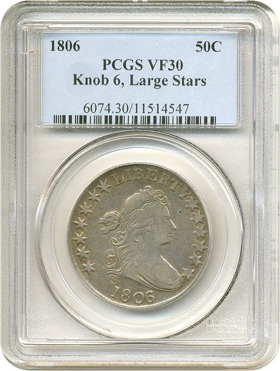 image for: 1806 50c Knob 6 Large Stars PCGS VF30