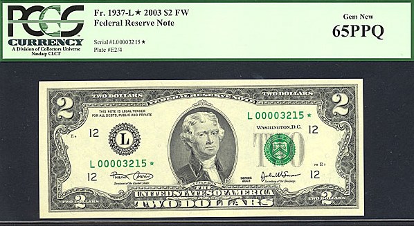 image for: Fr.1937L* 2003 $2  PCGS Gem CU65 PPQ [L00003215] *Star* 